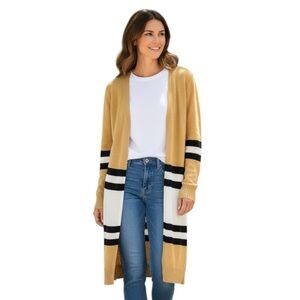 Doe & Rae Beige Cream & Black Long Line Cardigan Sweater Size M Open Front